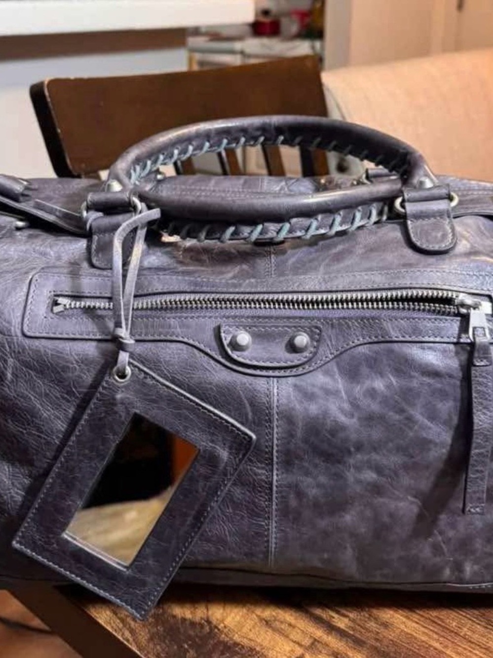 Balenciaga Distressed Slate Leather Satchel - Dark Gray